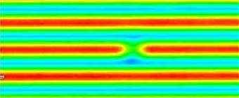 Aerial Image of lines and spaces pattern. The center line shows a defect.